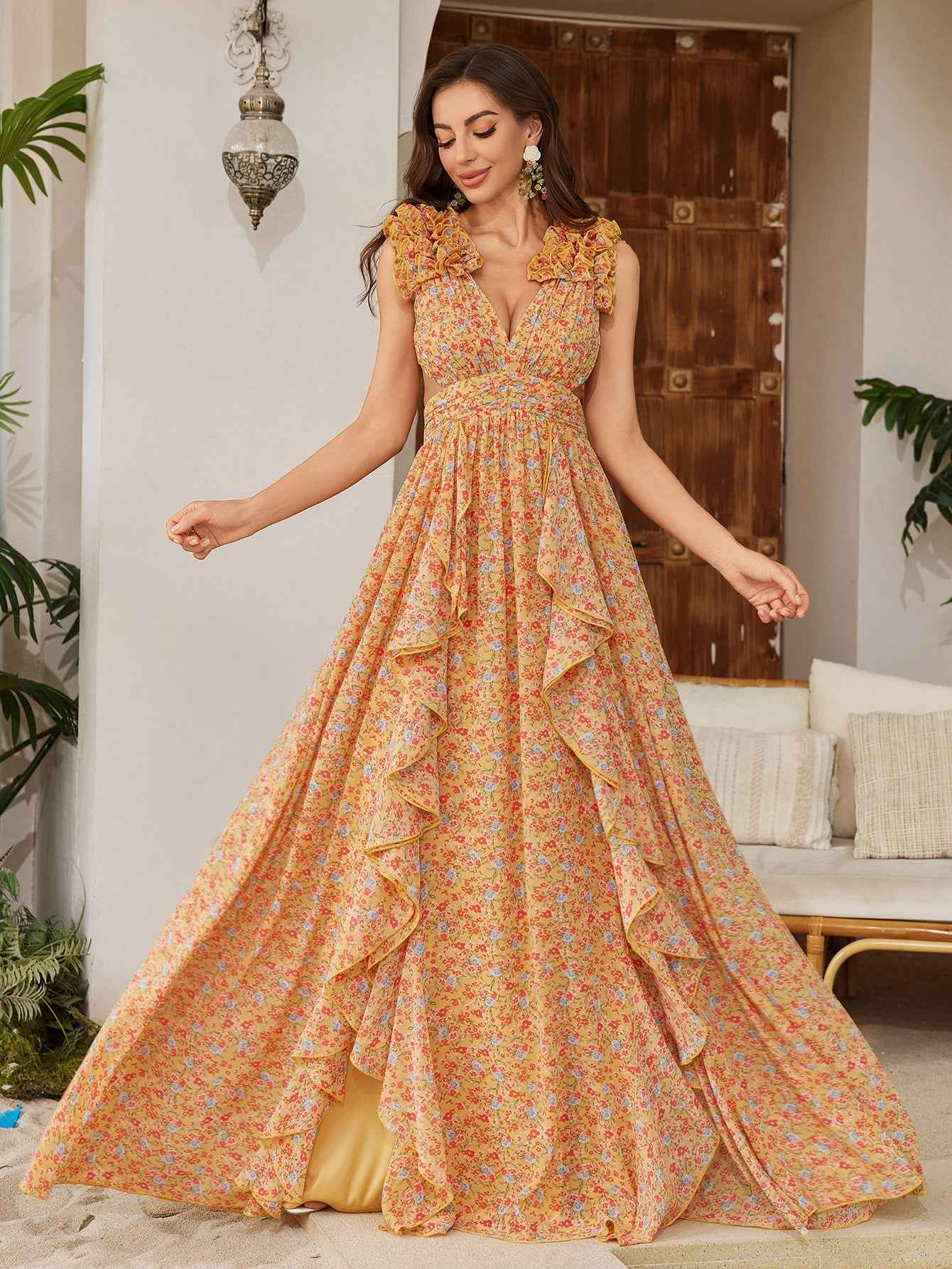 Womens Floral Printed Asymmetrical Slit Chiffon Lace Elegant Dress