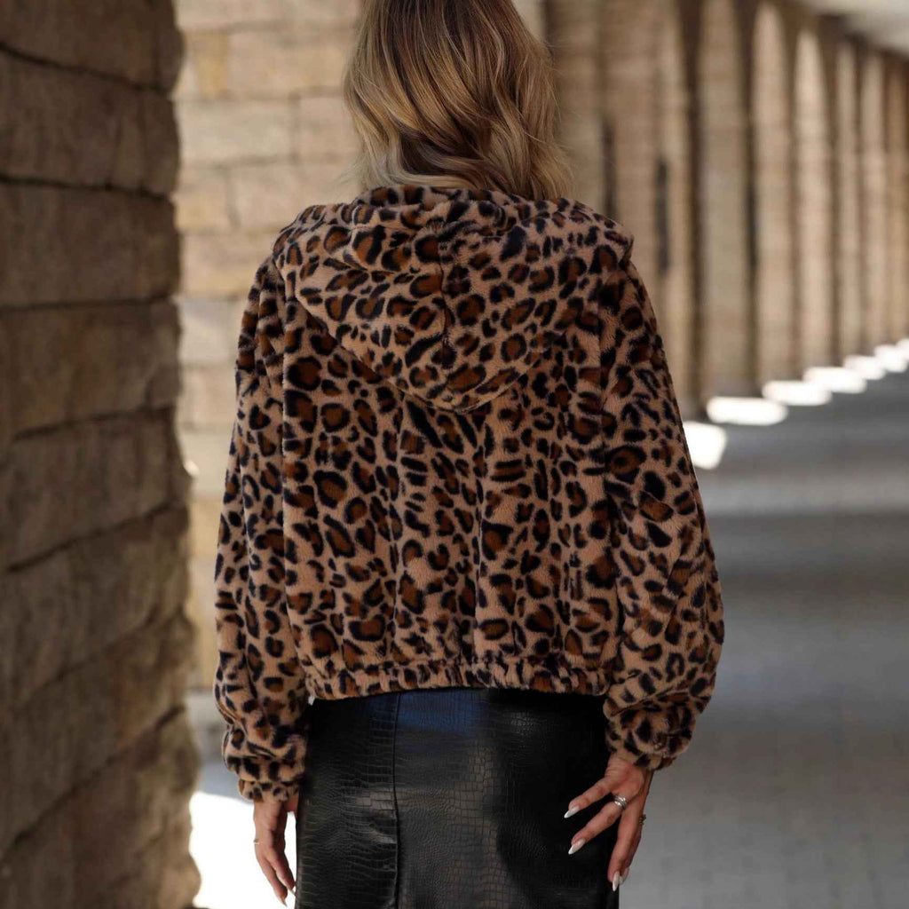 Women's Leopard Print Plush Zip-Up Jacket — Cropped Relaxed Fit