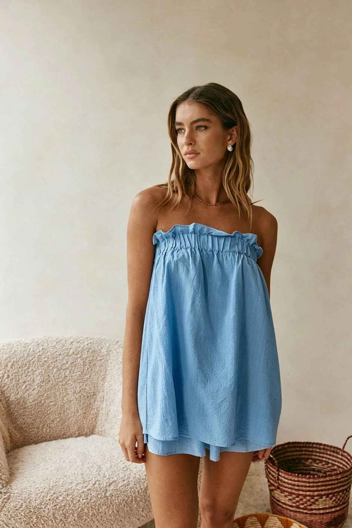 Cotton-Linen Summer French-Style Resort Off-Shoulder Top Shorts Casual Womens Set