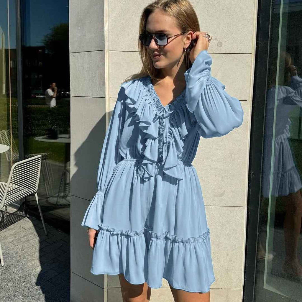 Women's V-Neck Bell Sleeve Elastic Waist Dress
