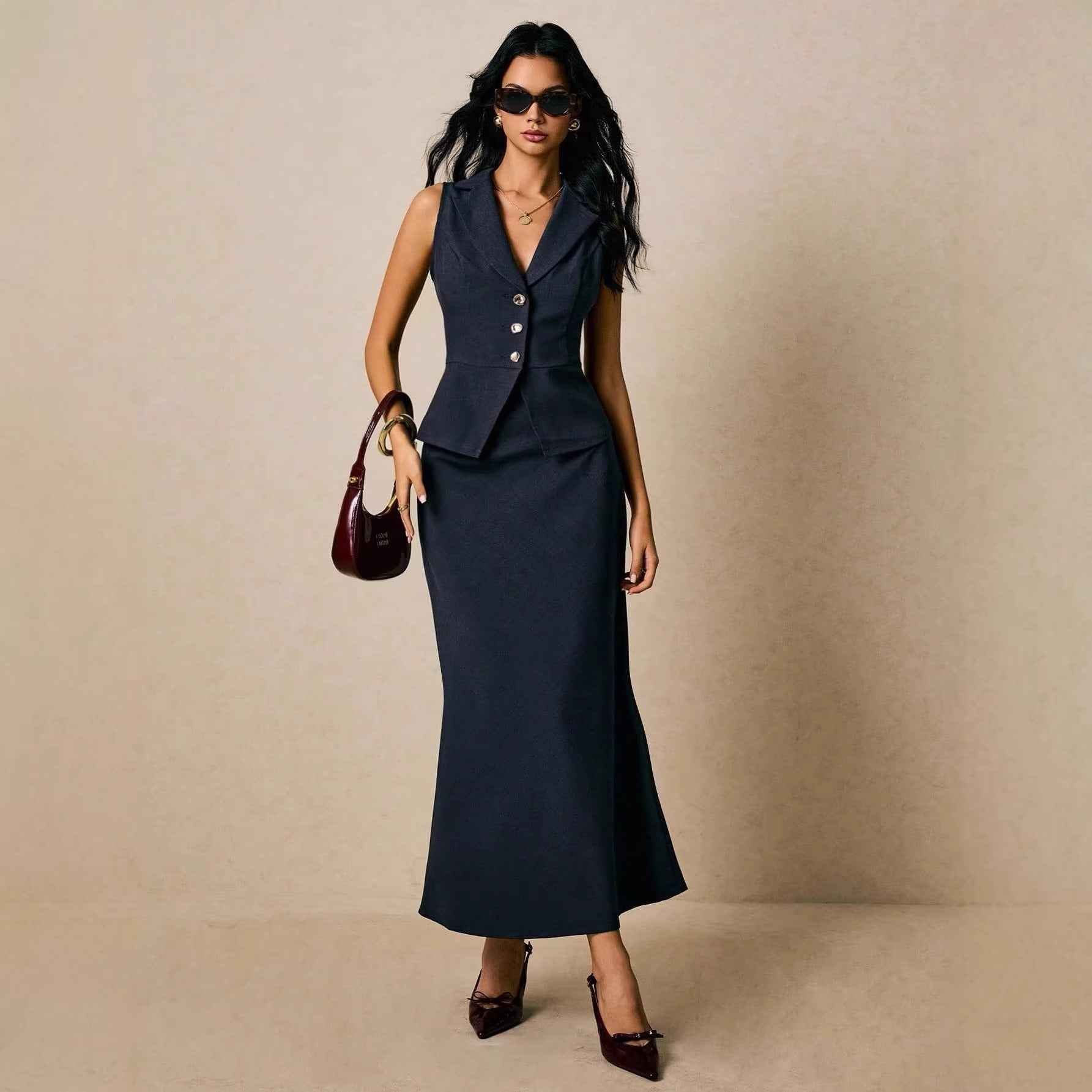 Womens Solid-Color V-Neck Vest And Buttoned Skirt Set