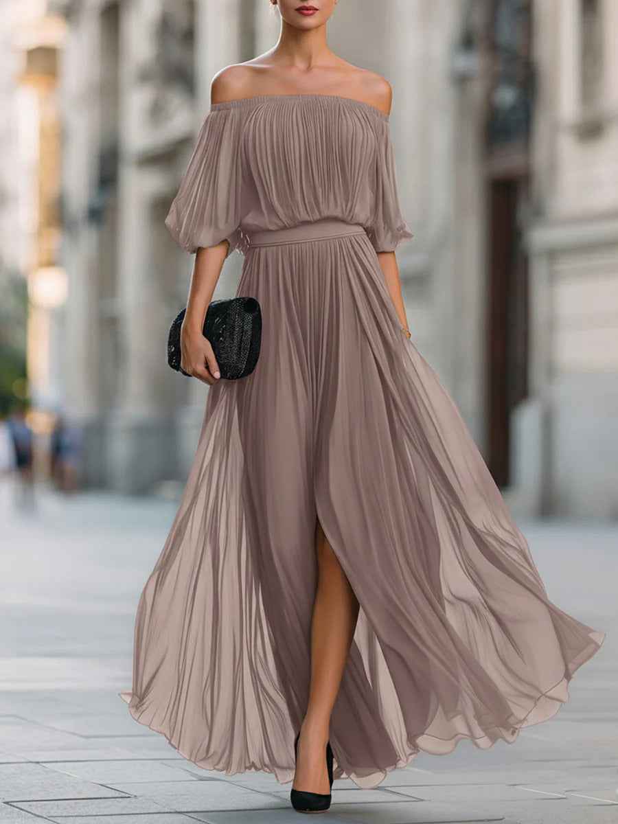 Off-Shoulder Pleated Chiffon Midi Dress — Short Sleeve Slim-Fit