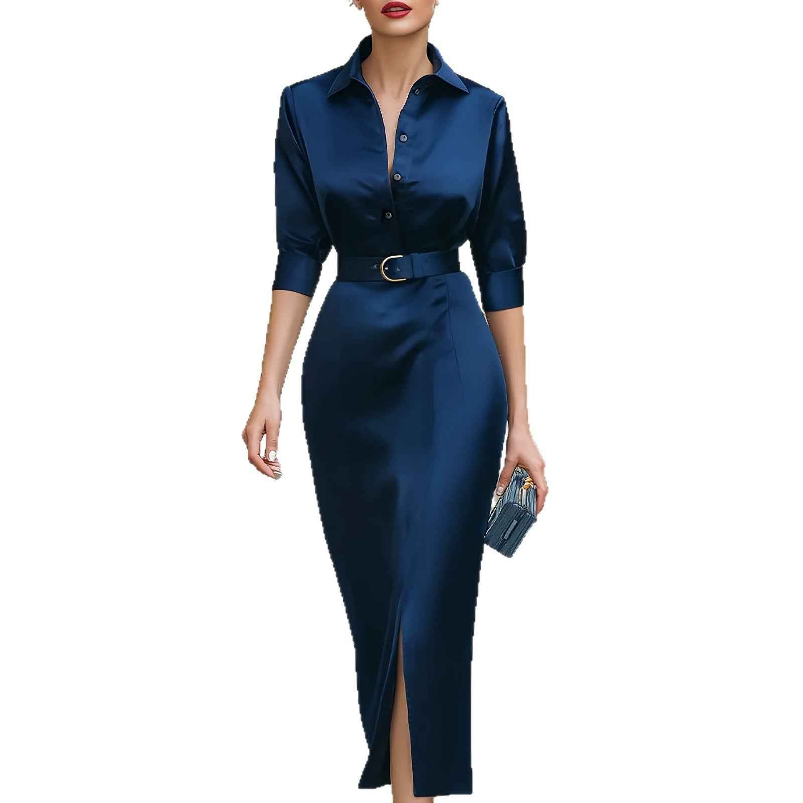 Satin Notched-Collar Belted Midi Dress
