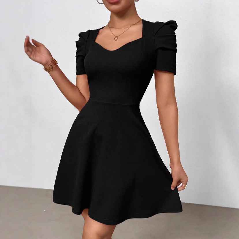 Boat-Neck High-Waist Zipper Mini Dress — Black & Red