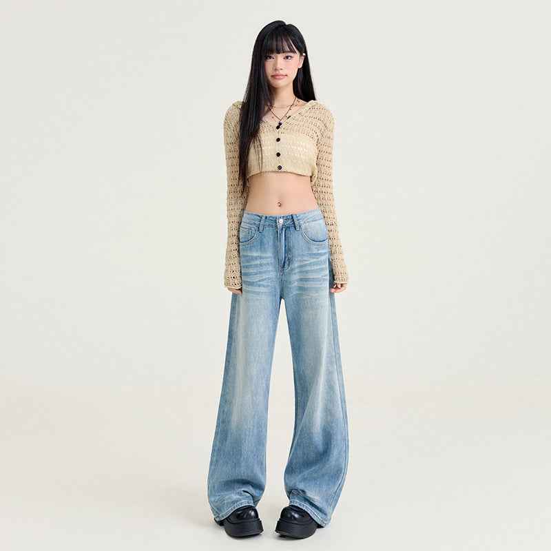 Womens Light-blue Washed Wide-leg Jeans