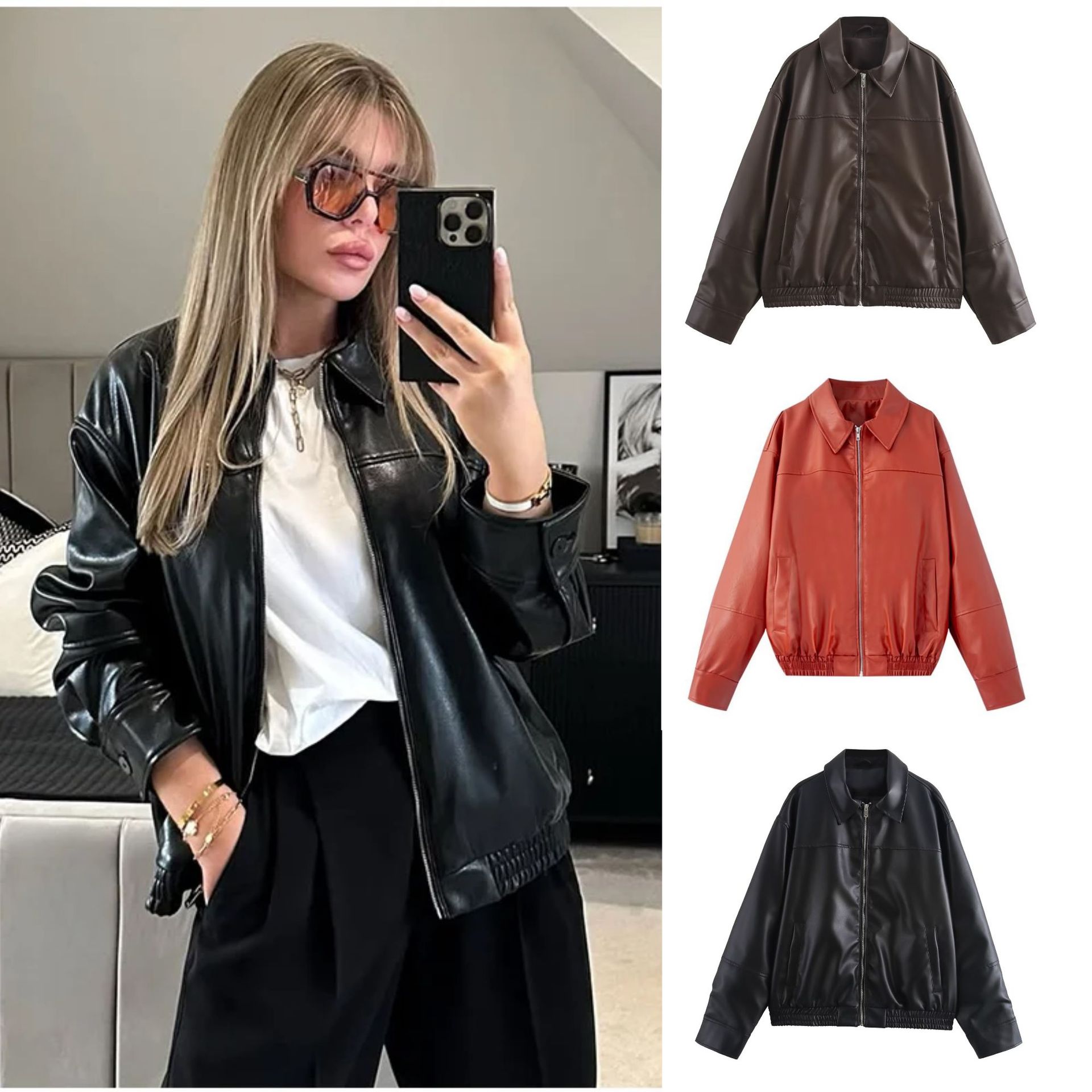 Faux Leather Patchwork Bomber Jacket