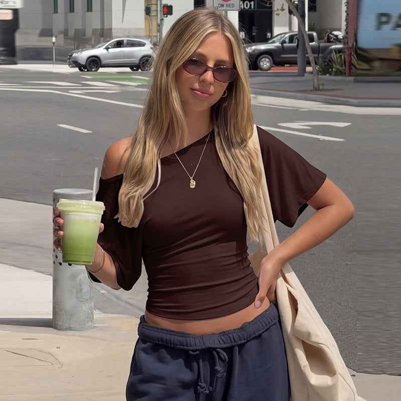 Lace-Up Back Drop-Shoulder Top – Waist-Cinching Milk Silk Tee