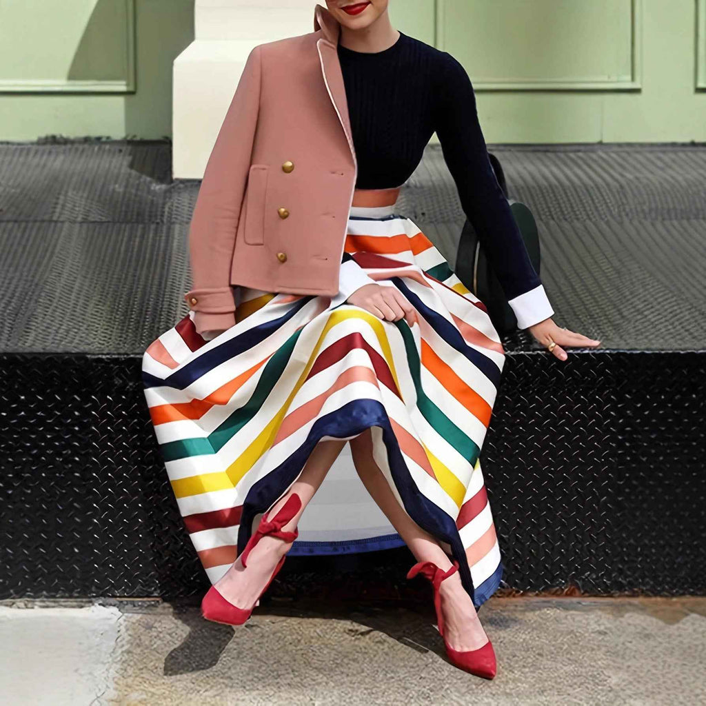 Women's Striped Maxi Skirt – Loose A-Line, Contrast Colour