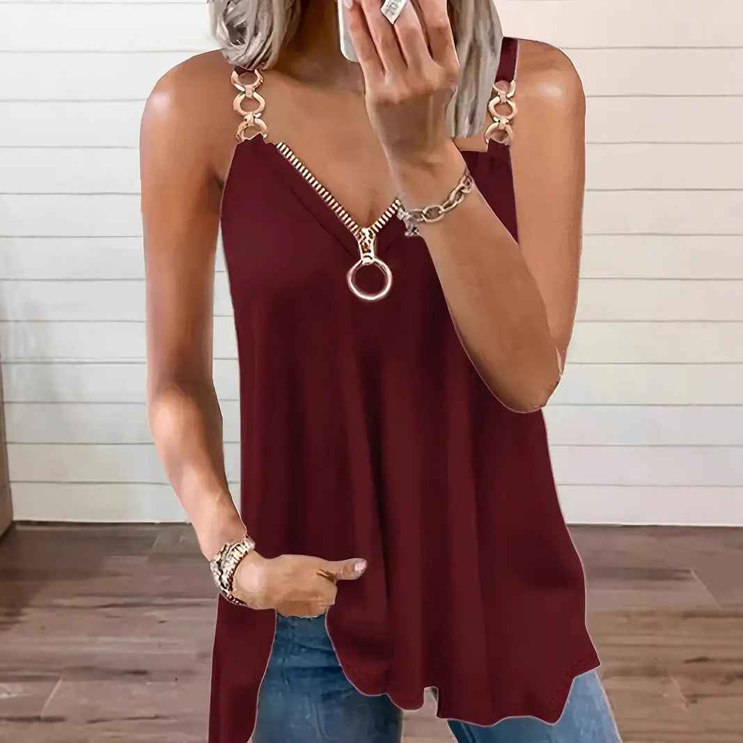 Women's Zip-Front Sleeveless V-Neck Cami Top