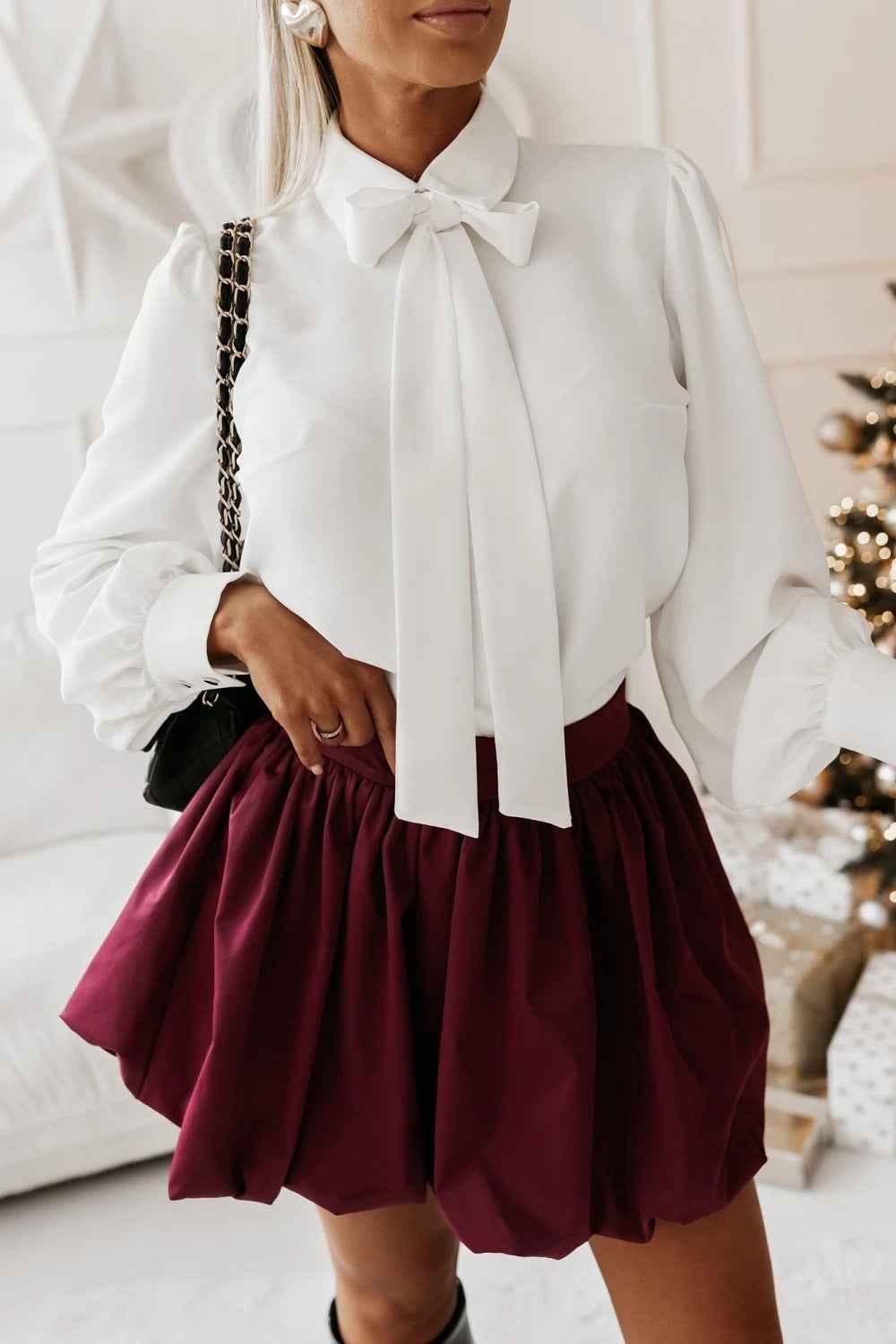 Womens Solid-Color Long-Sleeve Satin Blouse With Bow