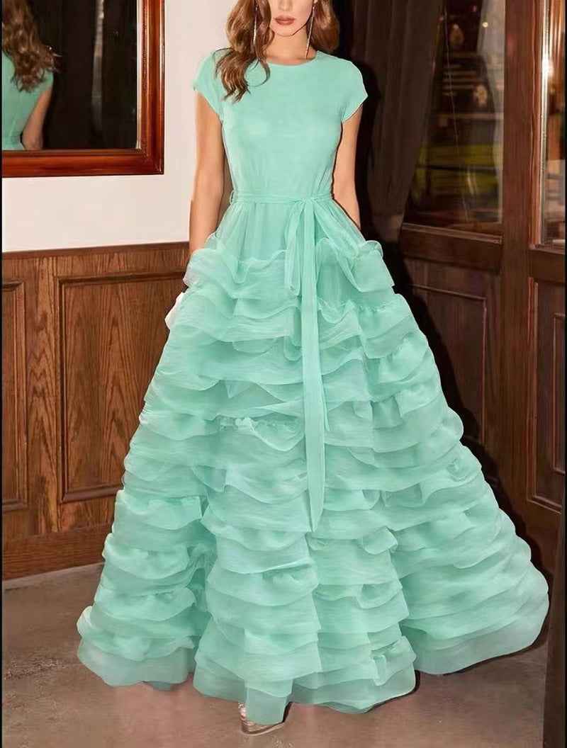 A-Line Floor-Length Multi-Layer Ruffle Colour-Block Maxi Dress