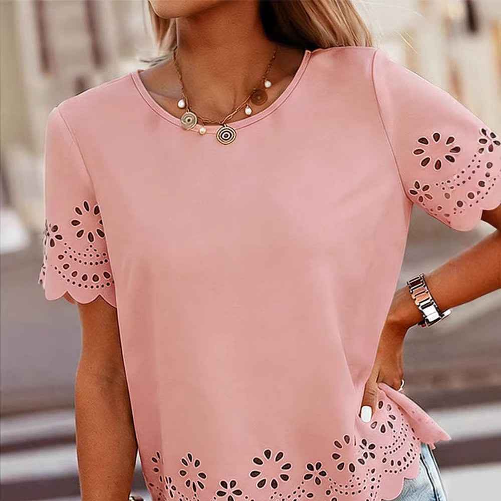 Hollow-out Embroidered Crew-Neck Short-Sleeve Top