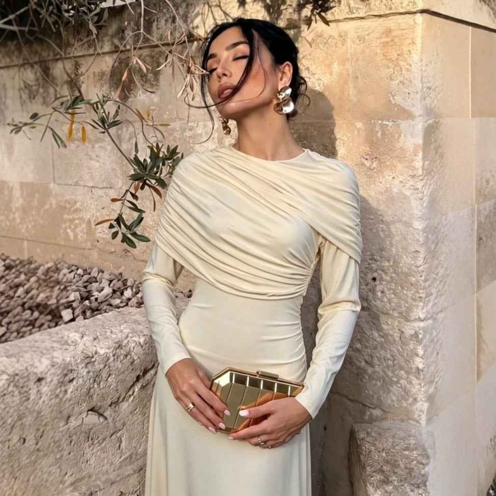 Fashionable Pleated Asymmetric Solid-Color Dress