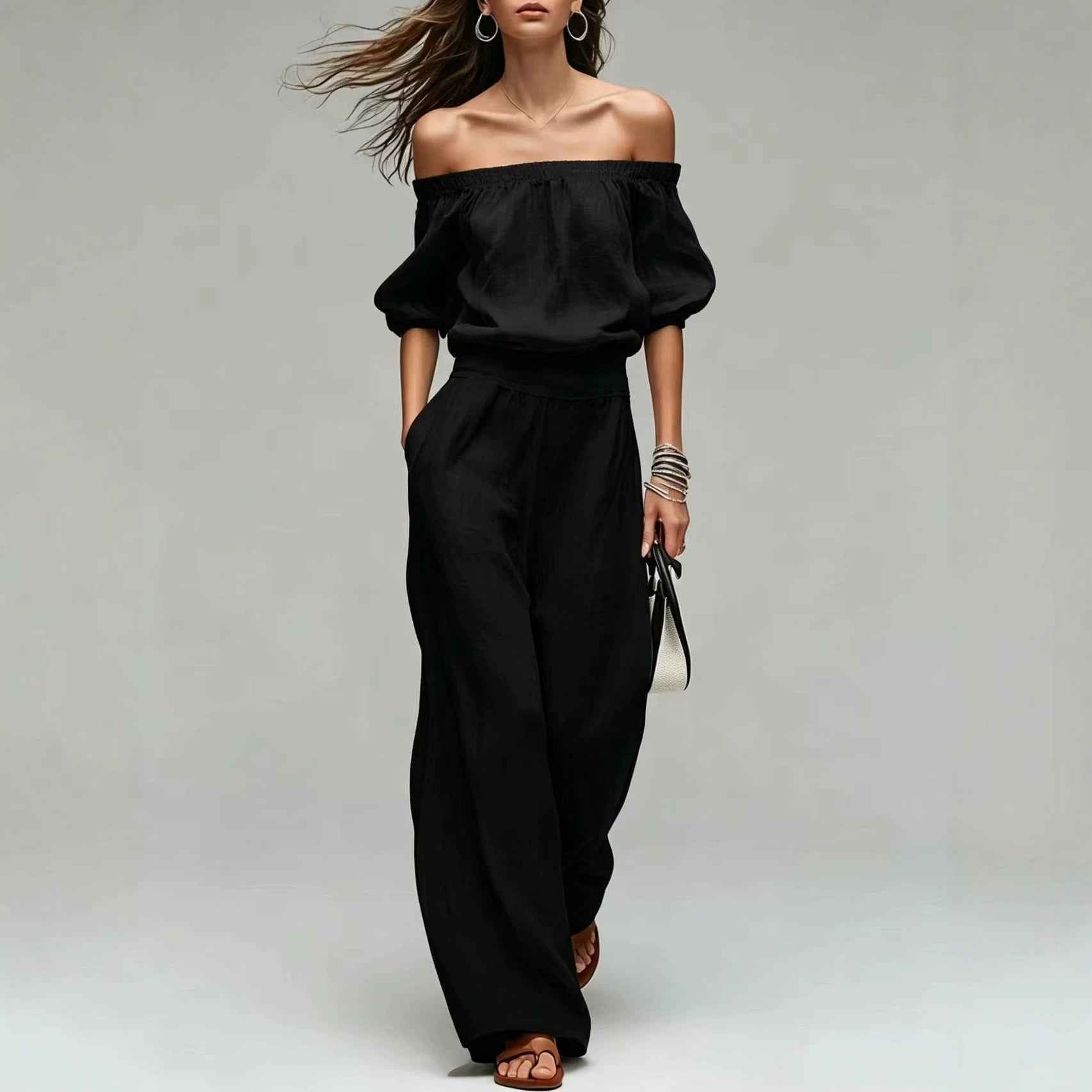 Cinched-top Blouse And Linen-textured Wide-leg Pants Set