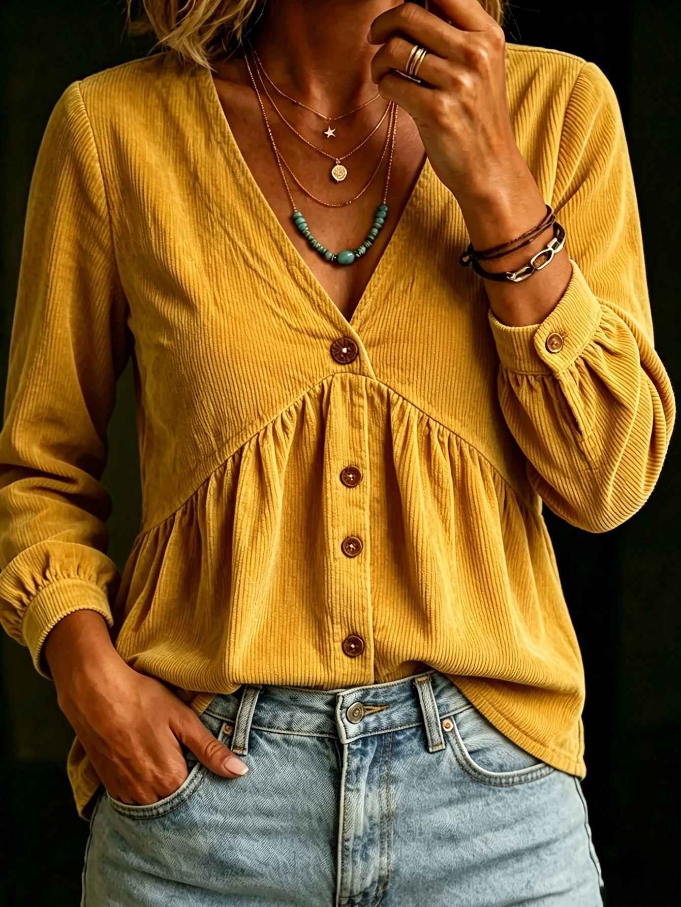 Corduroy V-neck Button-down Shirt Fashionable T-shirt Casual Pleated Top