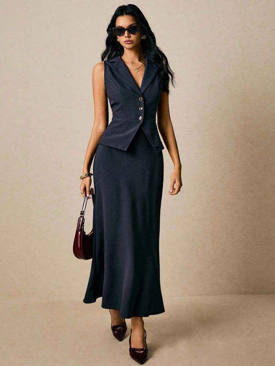 Womens Solid-Color V-Neck Vest And Buttoned Skirt Set