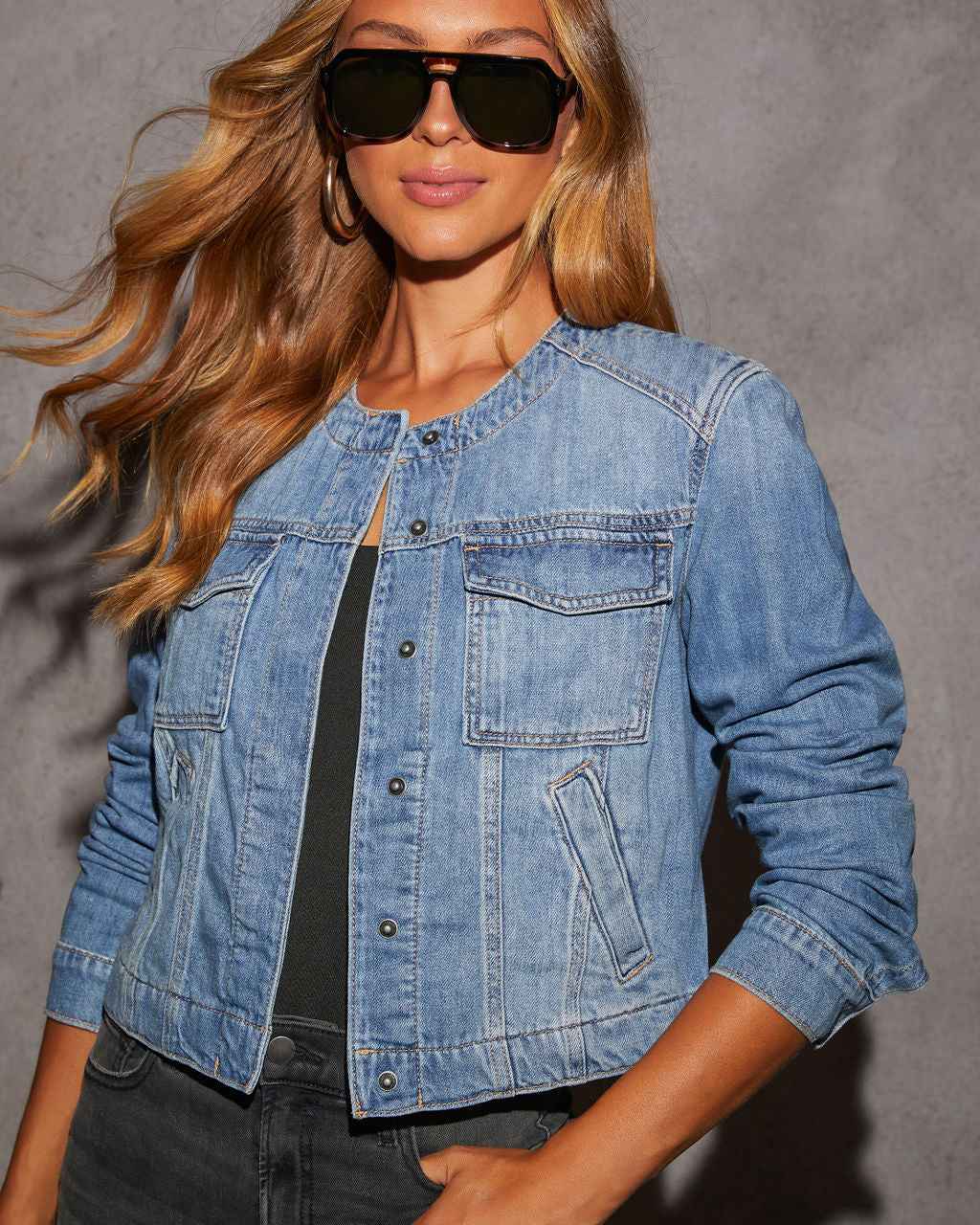 Cropped Collarless Denim Jacket — Long Sleeve, Blue, S–2XL