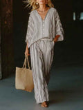 V-Neck Buttoned Cardigan & Full-Length Pants Set — Striped Two-Piece
