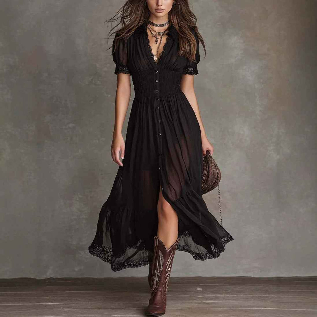 Fitted-waist Ruffled-edge Chic Dark-style V-neck Blouse And Slit Maxi Skirt