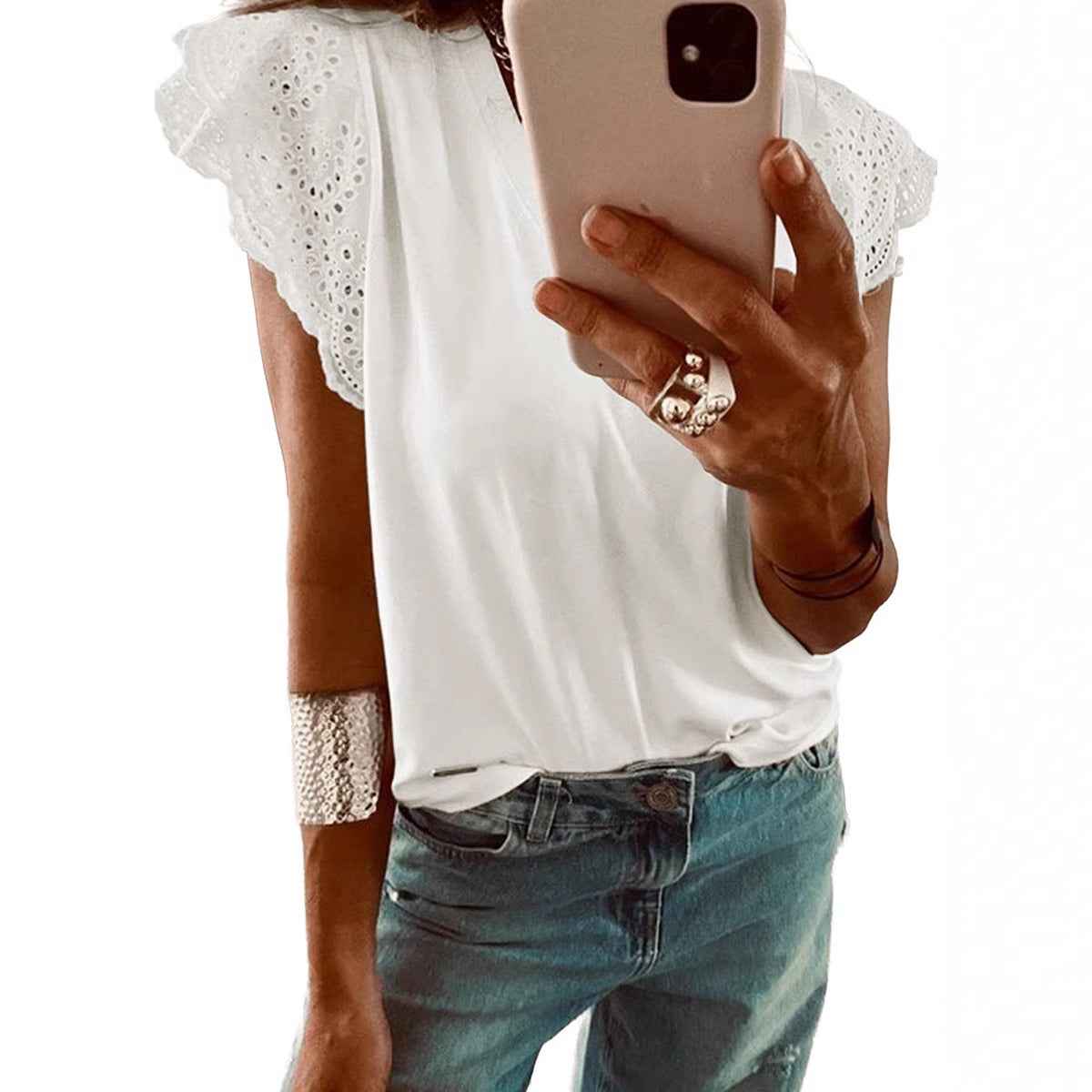 V-Neck Ruffle-Trim Loose Short Sleeve Shirt