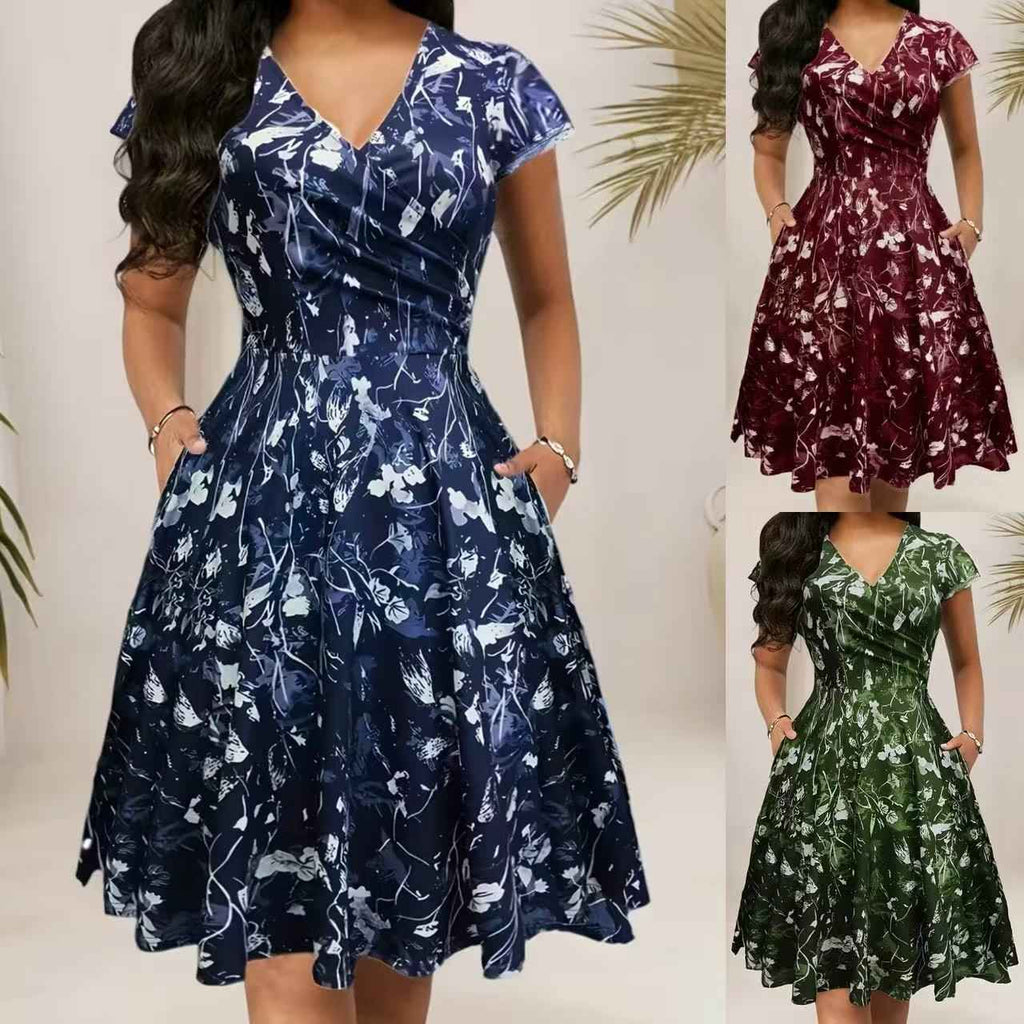 Floral Print V-Neck A-Line Midi Dress – Plus Size