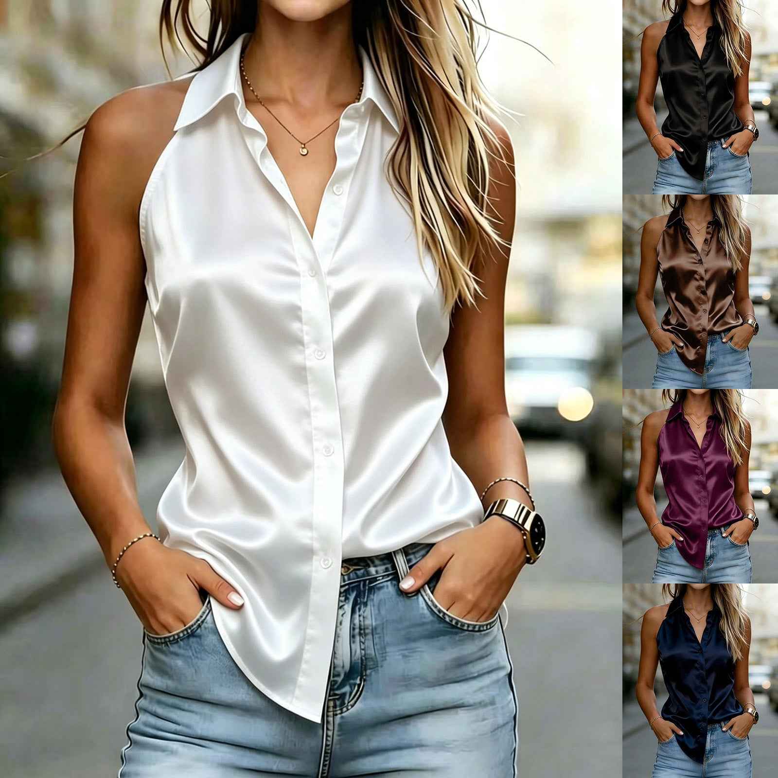 Satin Sleeveless Shirt — Solid Colour