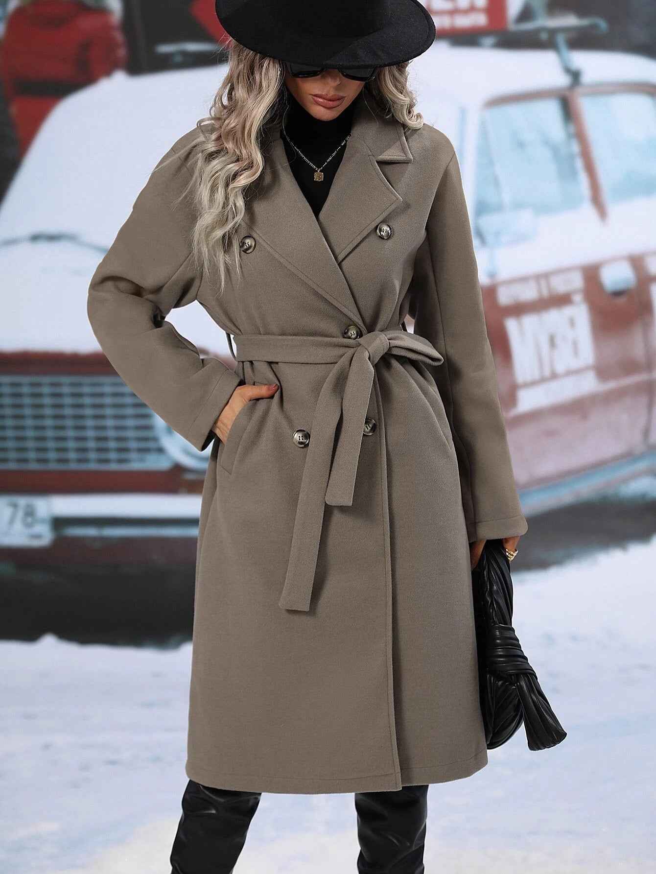 Women's Double-Breasted Woolen Coat – Long Lapel Jacket with Waist Tie