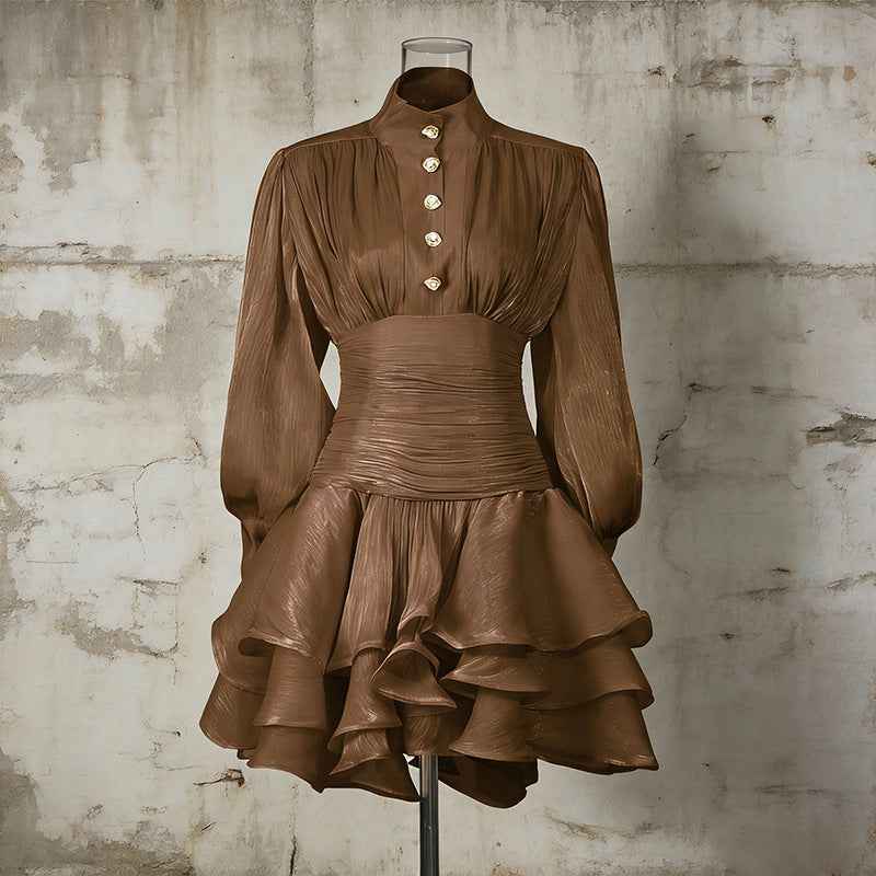 High-Waist Puff-Sleeve Ruffle Hem A-Line Mini Dress