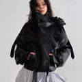 Women's 3D Ruffle Stand-Collar Faux Leather Jacket — Black, S–L
