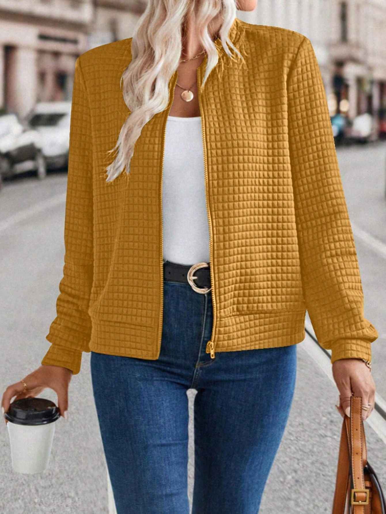 Women's Long Sleeve Zip-Up Solid Color Decorative Cardigan, Solid Casual Outerwear For Ladies