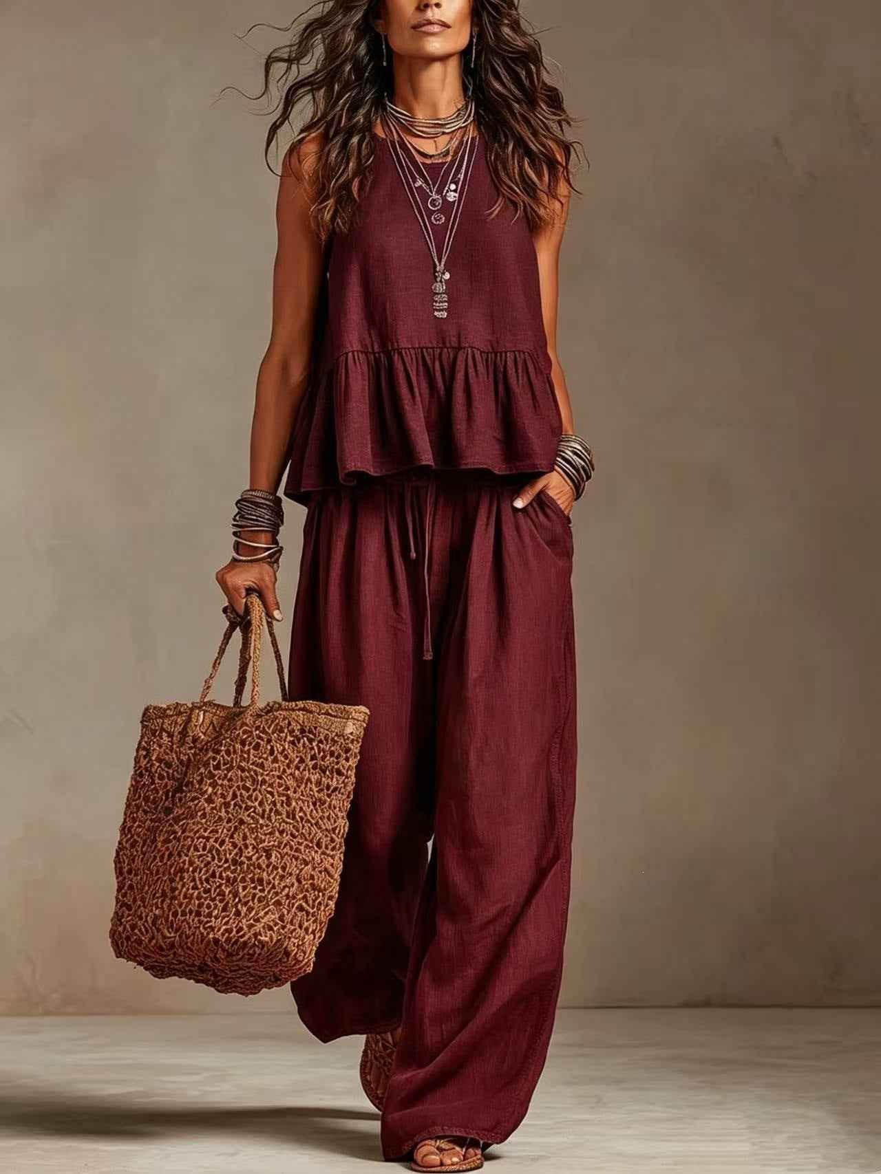 V-Neck Ruffle Hem Sleeveless Crop Top & High Waist Wide Leg Linen Pants Two Piece Outfit Set
