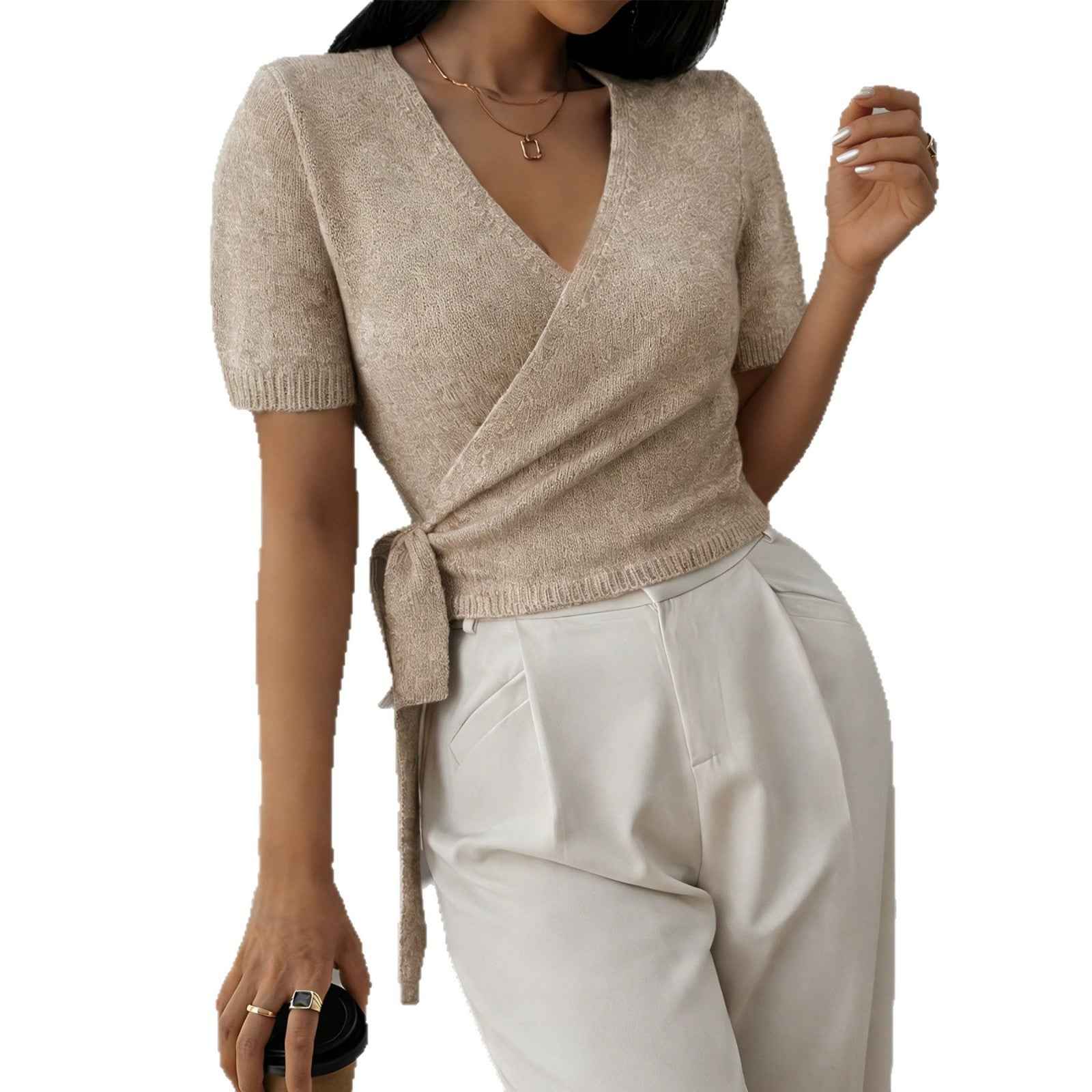 V-neck Knitted Short-sleeve Top With Tie Detail
