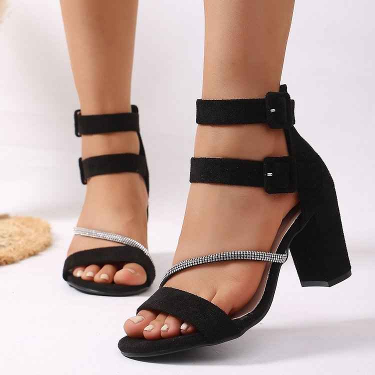 French Fabric Back Zipper Thick Heel High-heeled Sandals