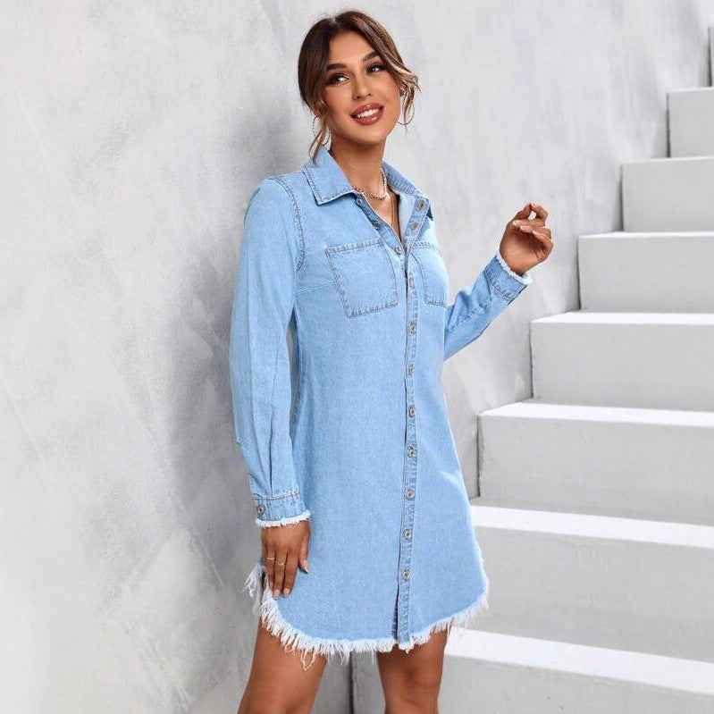 Light Blue Frayed-Edge Denim Jacket – Casual A-Line Style