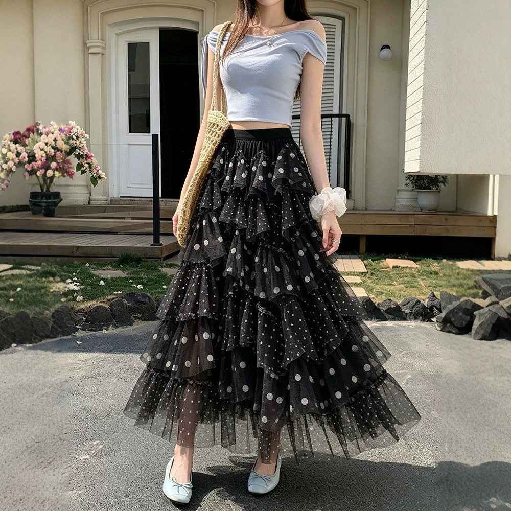 Ethereal Chiffon Puff Polka-dot Skirt