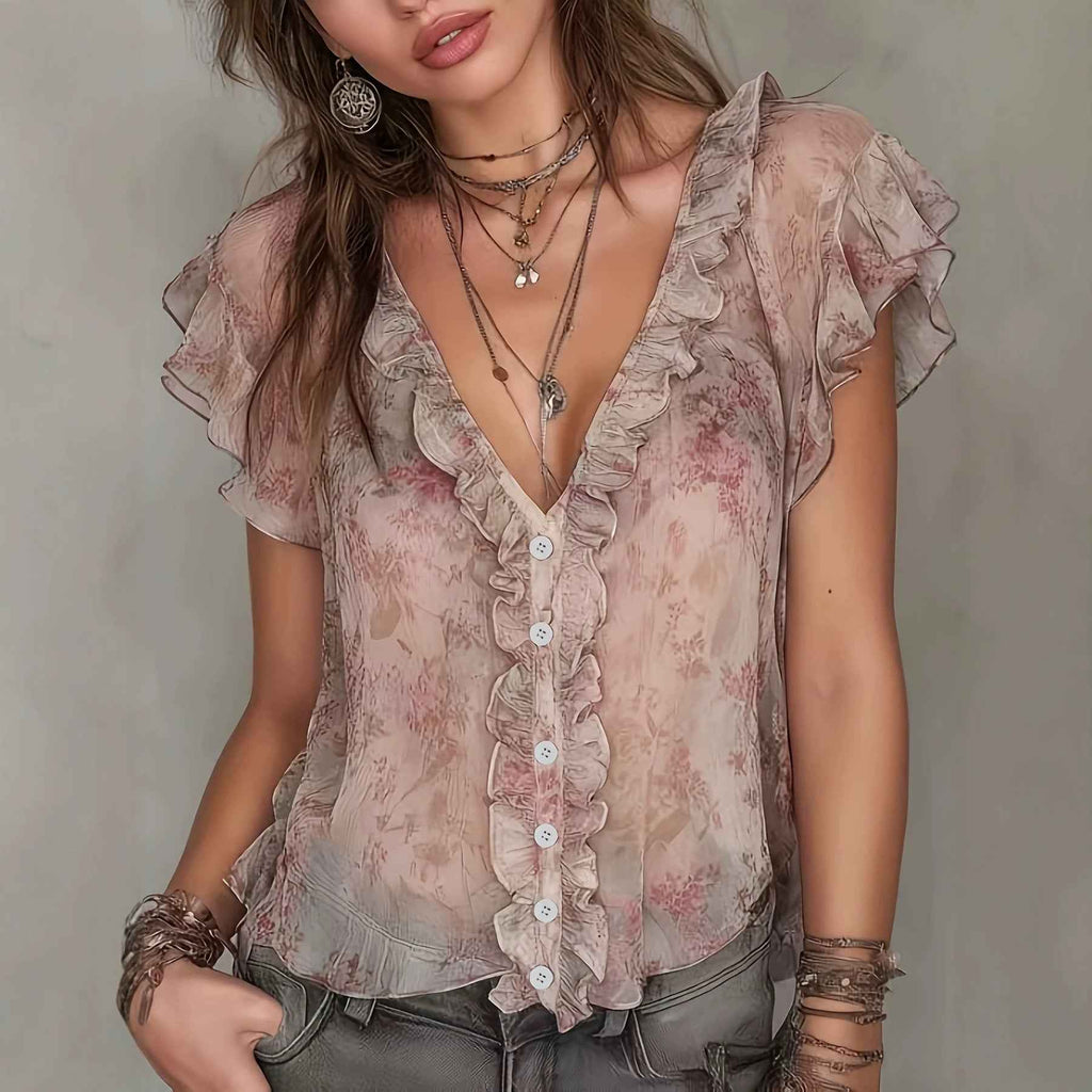 Floral Chiffon V-Neck Top – Ruffled Flare Sleeve, Retro Style