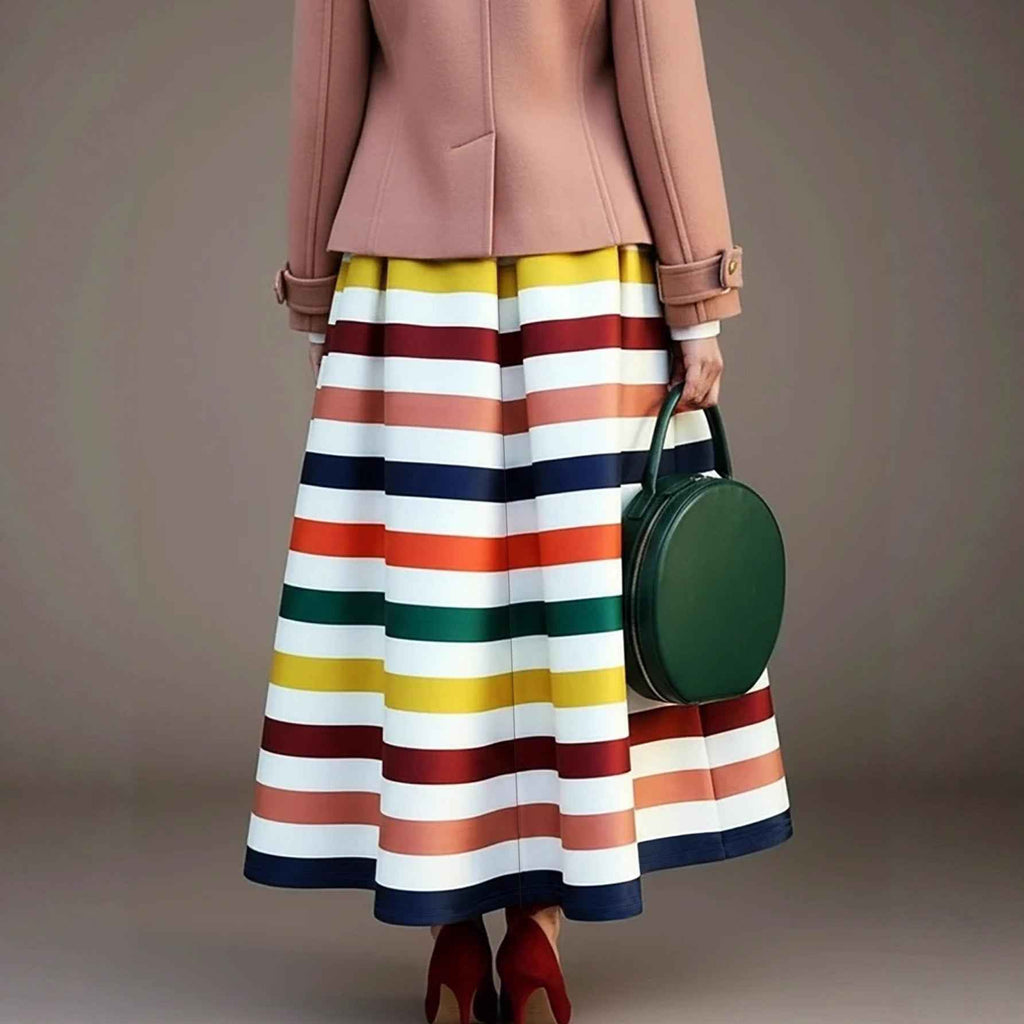 Women's Striped Maxi Skirt – Loose A-Line, Contrast Colour