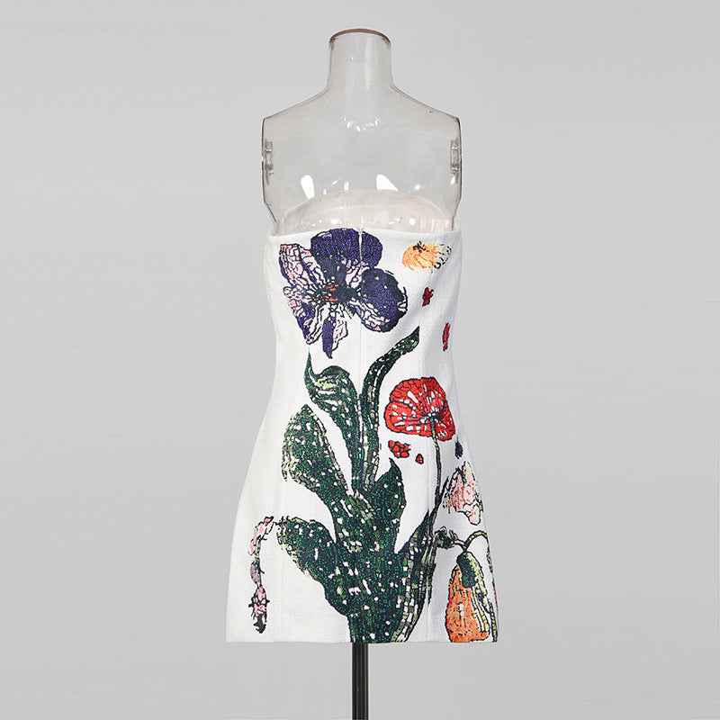 Strapless High-Waist Floral Print Slim-Fit Bodycon Mini Dress