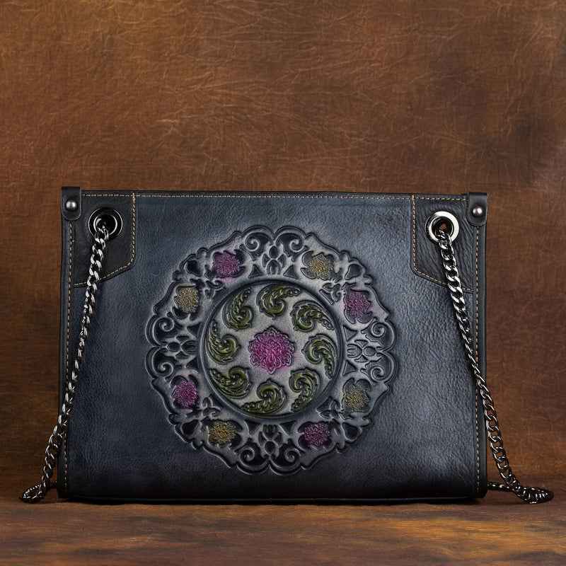 Full-Grain Leather Tote Bag — Embossed Cowhide, Large Capacity