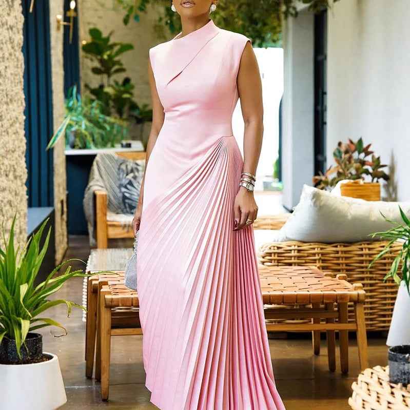 Womens Solid Color Sleeveless Solid-Color Pleated Dress