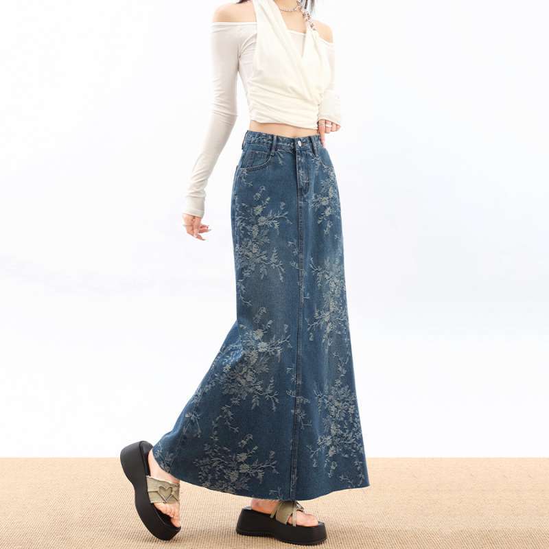 High-Waisted Jacquard Denim Skirt – French Retro