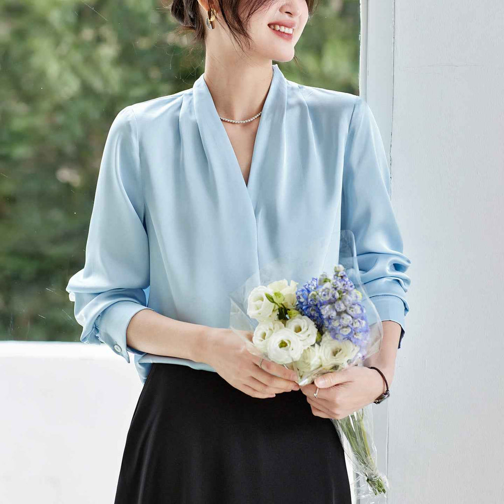 Pleated Chiffon Blouse – Loose Fit 3/4 Sleeve Top