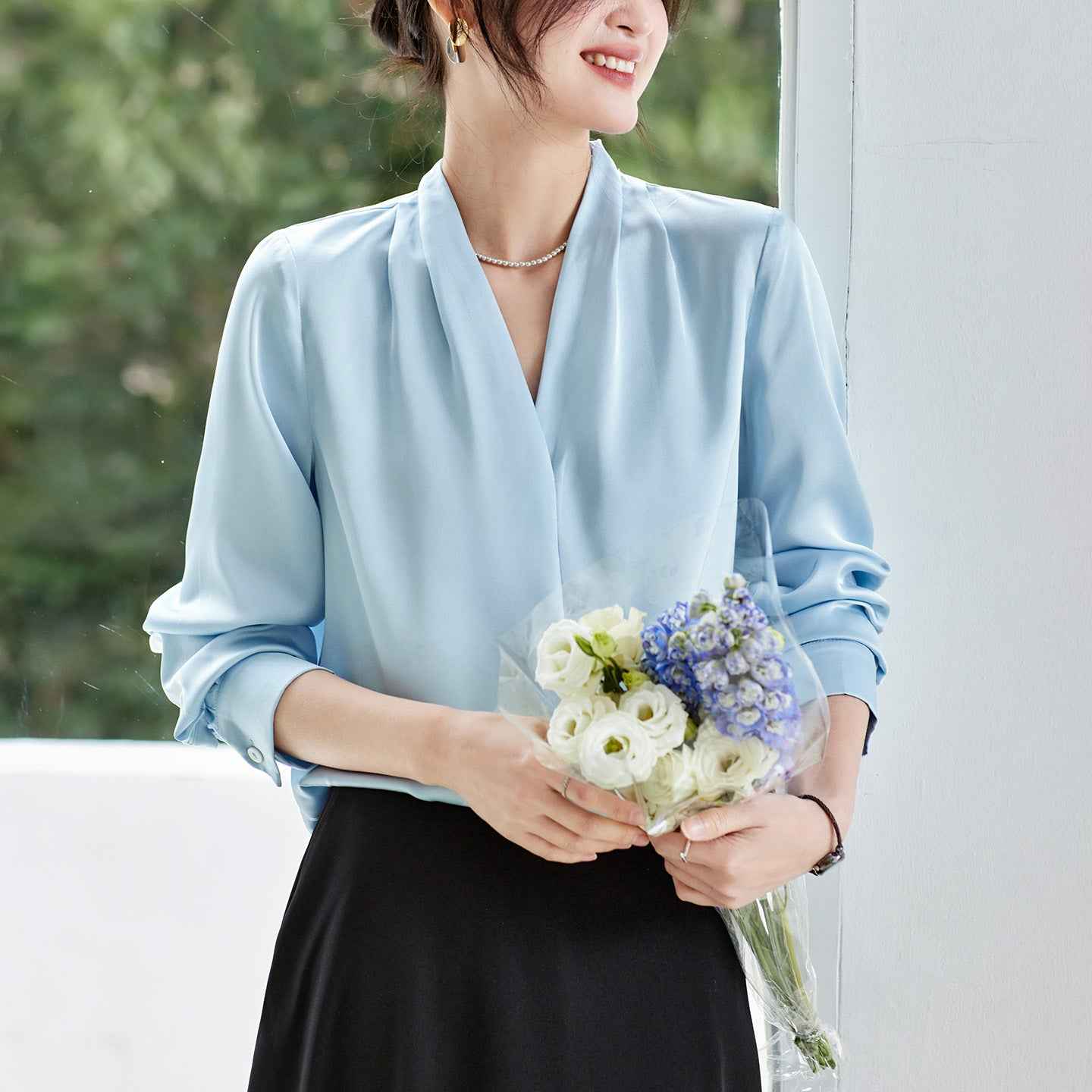 Pleated Chiffon Blouse – Loose Fit 3/4 Sleeve Top