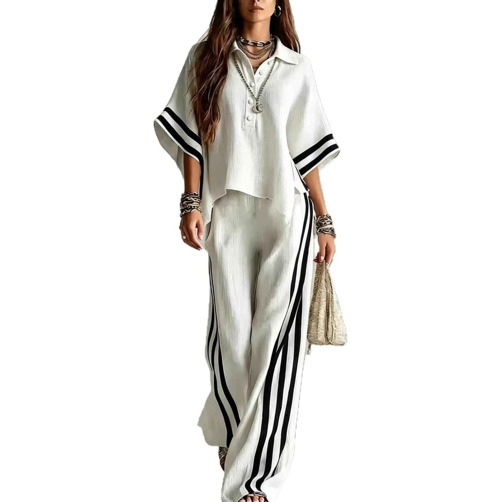 3/4-Sleeve Shirt & Wide-Leg Trousers Set — Plus Size, Commuter Style