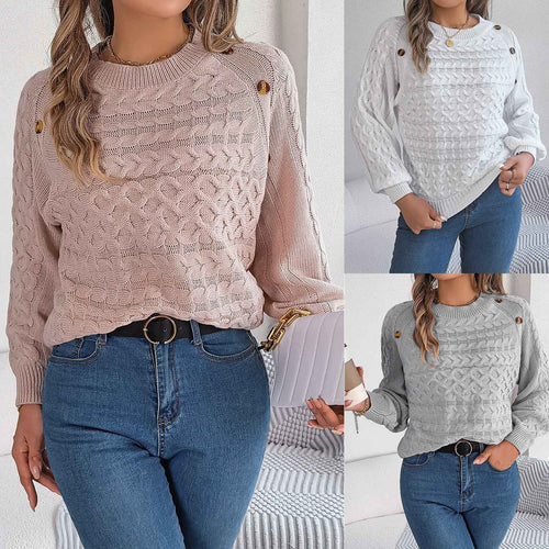 Pullover Sweater With Buttons And Puff Sleeves For Women