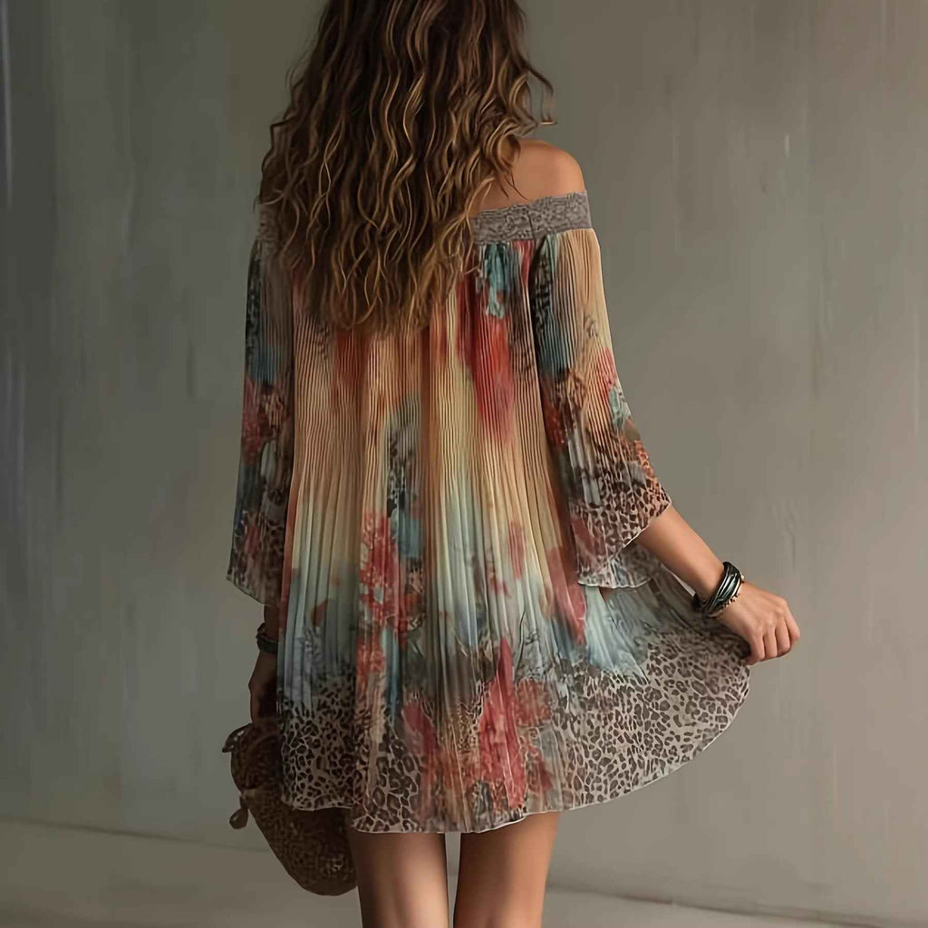 Off-Shoulder Pleated Floral Dress – Puff Sleeve Loose Fit