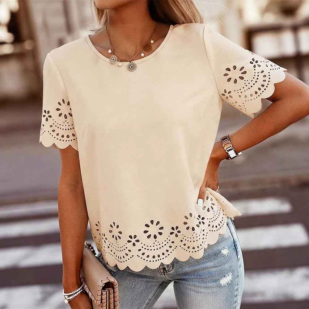 Hollow-out Embroidered Crew-Neck Short-Sleeve Top