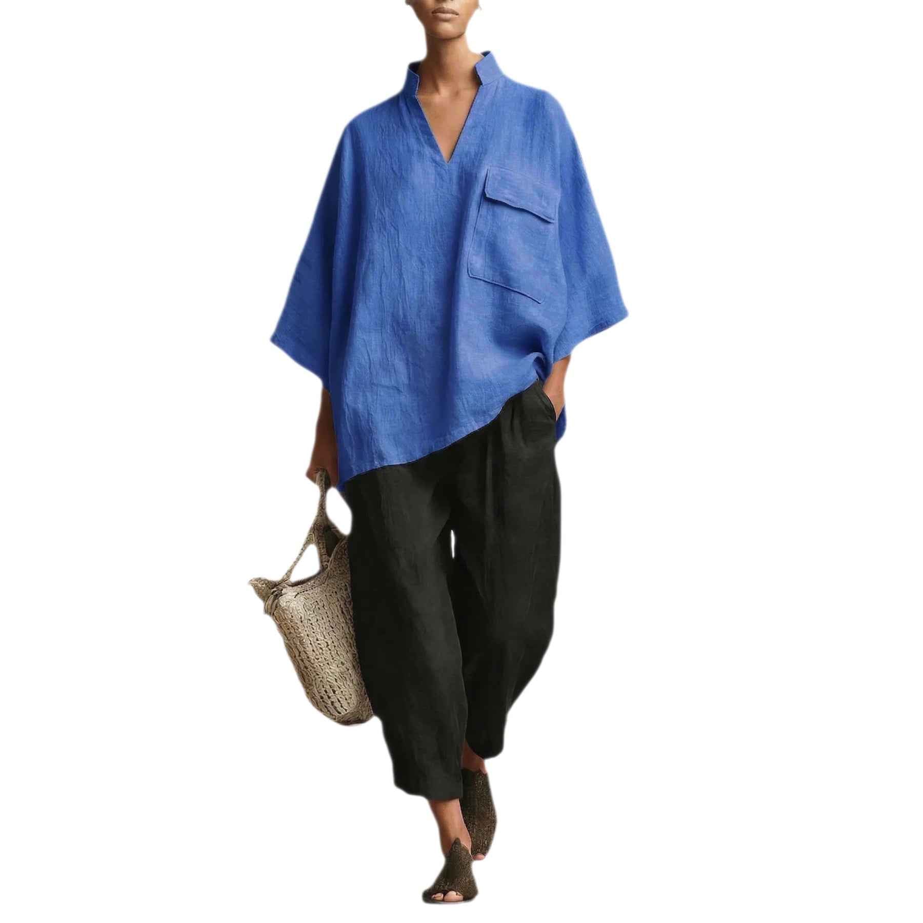 Cotton Linen Batwing Sleeve Shirt – Relaxed V-Neck with Pockets
