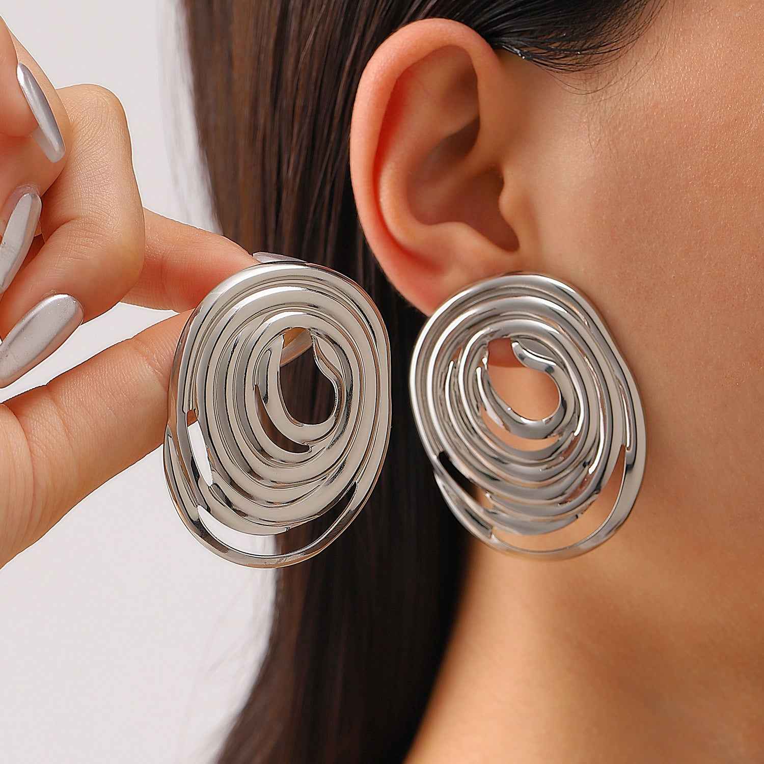 Bold Retro Irregular Geometric Stud Earrings, European American Popular Lava Wrinkled Metal Texture Fashion Women Accessories