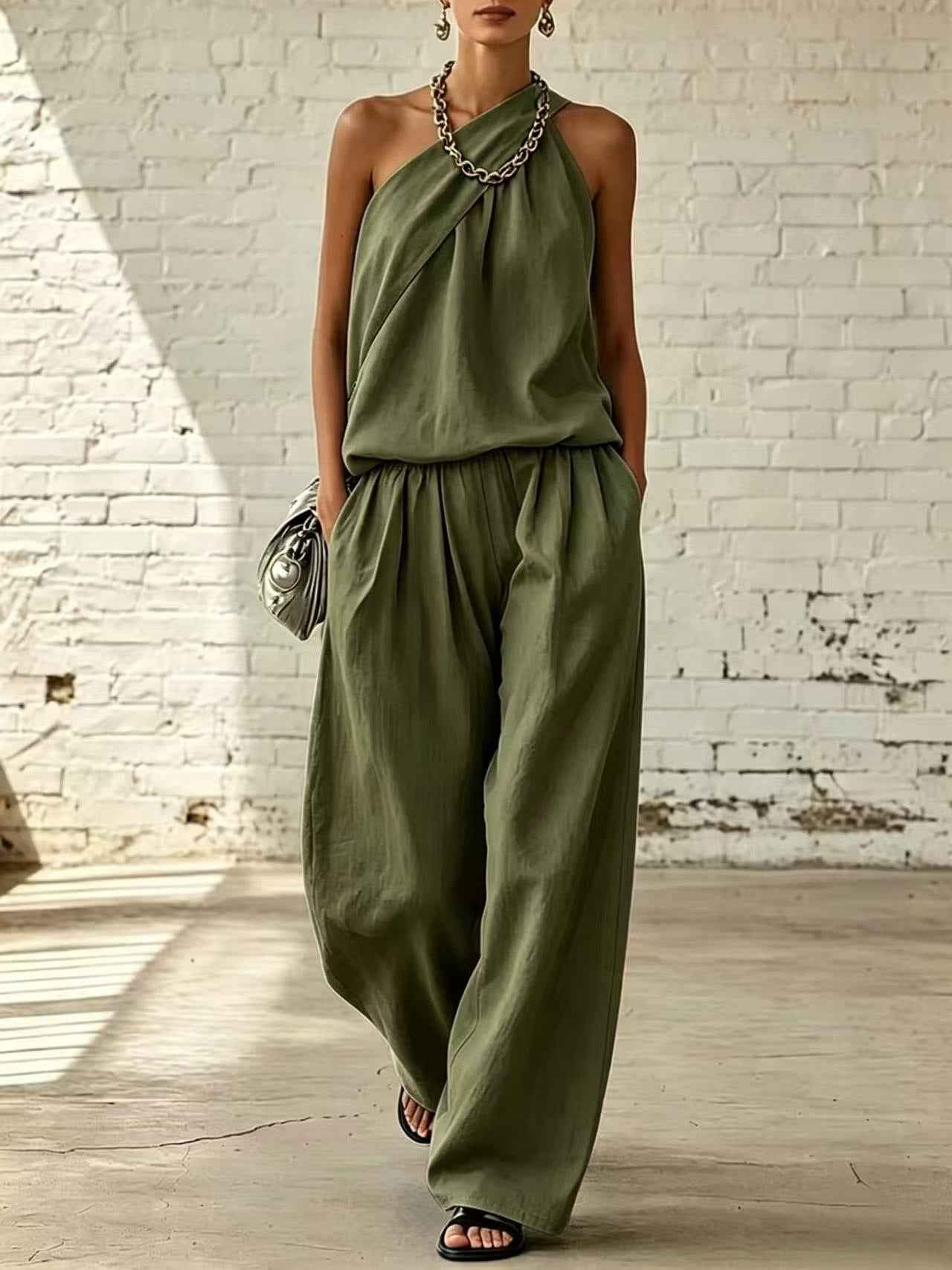 Cotton-Linen Pleated Sleeveless Double-Layer Top & Wide-Leg Pants Elegant Two-Piece Set